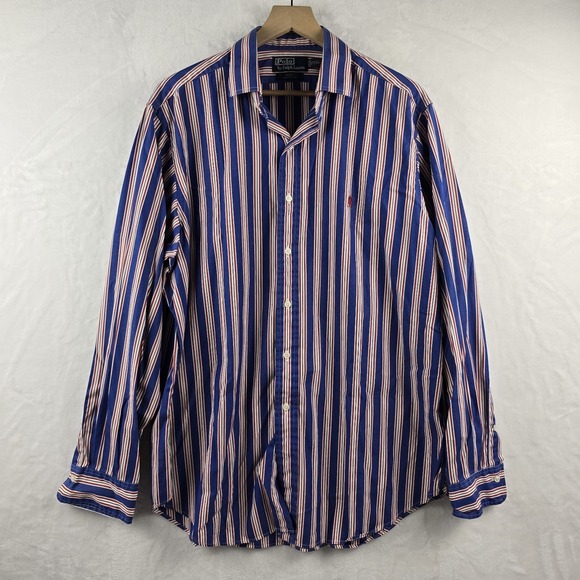 Polo Ralph Lauren Button Up Shirt Regent Classic Fit Red White Blue Stripe 17 XL - Picture 2 of 6